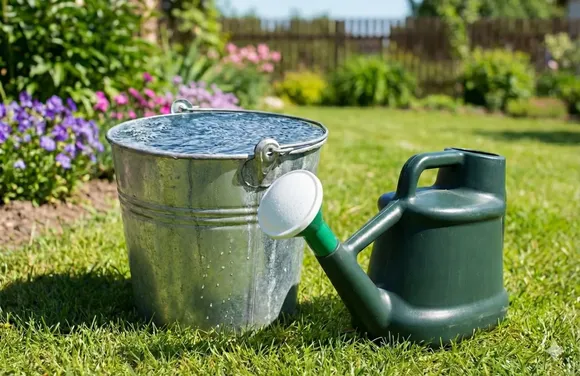 A bucket representing a will and a watering can representing a trust